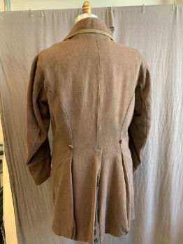 Mens, Historical Fiction Coat, M.T.O., Brown, Wool, Solid, 44, Mens Aged 3/4 Length Coat. Chocolate Brown Wool Twill with Taupe Trim. 7 Covered Buttons Center Front, 2 Covered Button Detail at Center Back Waist. Drab Looking. Cotton Lining