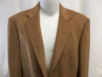 N/L, Camel Brown, Wool, Solid, Notched Lapel, Single-Breasted, 3 Button Closure, 1 Chest Welt Pocket, 3 Besom Pockets, Back Vent, Below the Knee Length, 3 Lined Topstitch Detail