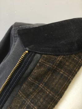 Mens, Barn/Field Jacket, CARHARTT, Faded Black, Cotton, Solid, M, Heavy Canvas, Zip Front, Collar Attached, 3 Pockets, Brown/Olive Plaid Flannel Lining