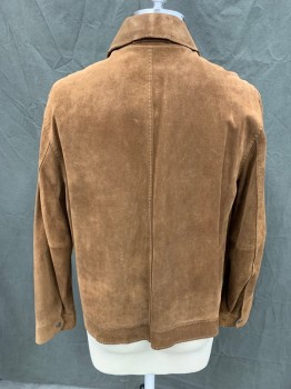 BANANA REPUBLIC, Brown, Suede, Solid, Zip Front, Collar Attached, Cream Stitching, 2 Zip Pockets, Long Sleeves, Snap Cuff