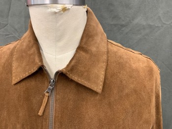 BANANA REPUBLIC, Brown, Suede, Solid, Zip Front, Collar Attached, Cream Stitching, 2 Zip Pockets, Long Sleeves, Snap Cuff