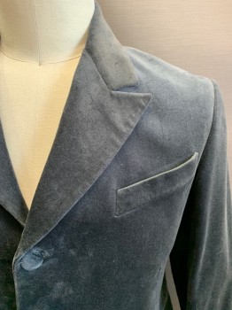 Mens, Historical Fiction Piece 1, JEL-MEZ, Dove Gray, Cotton, Solid, 36/32, 41L, Late 1800s, Suit Jacket, Velveteen, 4 Fabric Covered Buttons, Wide Cuffs with 2 Buttons,  2 Pockets, Center Back with Pleat and Vent 2 Buttons, Fiddleback, Made To Order,