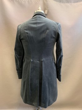 Mens, Historical Fiction Piece 1, JEL-MEZ, Dove Gray, Cotton, Solid, 36/32, 41L, Late 1800s, Suit Jacket, Velveteen, 4 Fabric Covered Buttons, Wide Cuffs with 2 Buttons,  2 Pockets, Center Back with Pleat and Vent 2 Buttons, Fiddleback, Made To Order,