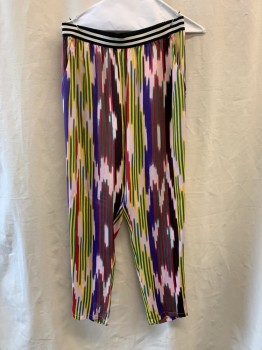 SCOTCH & SODA, Lt Pink, Purple, Raspberry Pink, Green, Yellow, Polyester, Stripes - Vertical , Abstract , Black & White Horizontal Strips on Waistband, Elastic Waistband, Side Pockets