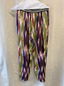 Womens, Pants, SCOTCH & SODA, Lt Pink, Purple, Raspberry Pink, Green, Yellow, Polyester, Stripes - Vertical , Abstract , 2, Black & White Horizontal Strips on Waistband, Elastic Waistband, Side Pockets