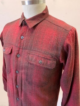 Mens, Casual Shirt, COLUMBIA, Brick Red, Gray, Cotton, Polyester, Plaid, M/L, Flannel, Long Sleeves, Button Front, Collar Attached, Gray Plush Furry Lining, 2 Pockets with Button Flap Closure **Says L Inside, Fits Tightly on a Large