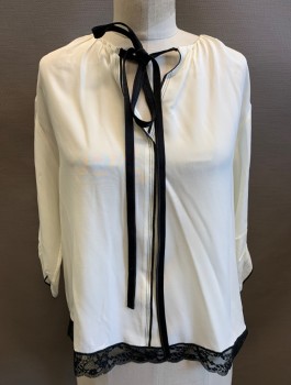MARC JACOBS, Cream, Black, Silk, Chiffon, 3/4 Sleeves, Round Neck with Black Ties, Contrasting Lace Trim at Hem, Pleated Detail at Sleeve Openings, Pullover