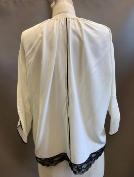 MARC JACOBS, Cream, Black, Silk, Chiffon, 3/4 Sleeves, Round Neck with Black Ties, Contrasting Lace Trim at Hem, Pleated Detail at Sleeve Openings, Pullover