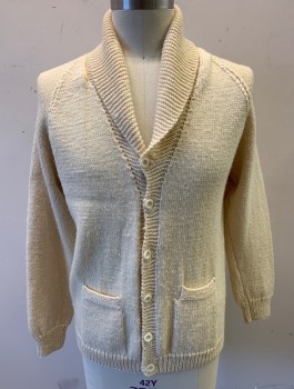 Mens, Sweater, N/L, Cream, Wool, Solid, 42, Cardigan, Knit, Shawl Lapel, 6 Buttons, Raglan Sleeves, 2 Patch Pockets,
