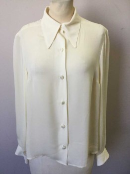 Womens, Blouse, N/L, Cream, Polyester, Solid, B36/38, Chiffon, Long Sleeve Button Front, Collar Attached, Long Style Collar, 1 Button Cuffs,