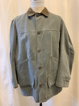 Mens, Casual Jacket, J CREW, Lt Olive Grn, Cotton, L, Faded, Corduroy Collar Attached, Button Front, Single Breasted, 2 Pockets