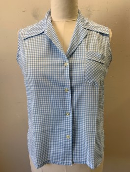 STYLE CRAFT, Lt Blue, White, Cotton, Gingham, Sleeveless, Button Front, Collar Attached, 1 Patch Pocket