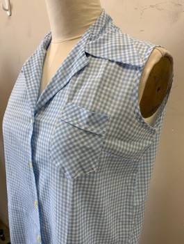 STYLE CRAFT, Lt Blue, White, Cotton, Gingham, Sleeveless, Button Front, Collar Attached, 1 Patch Pocket