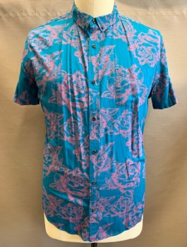 THE RAIL, Turquoise Blue, Pink, Rayon, Abstract , Floral, S/S, Button Front, Button Down Collar, 1 Pocket, Slim Fit