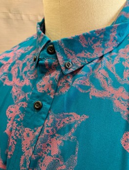 THE RAIL, Turquoise Blue, Pink, Rayon, Abstract , Floral, S/S, Button Front, Button Down Collar, 1 Pocket, Slim Fit