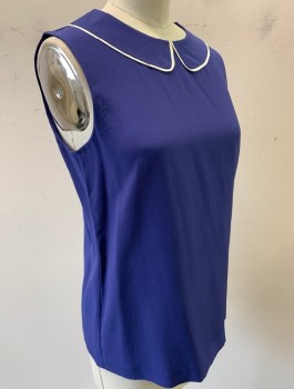 KATE SPADE, Navy Blue, Silk, Solid, Crepe, Sleeveless, Peter Pan Collar with White Trim, 2 Button Closure at Back Neck