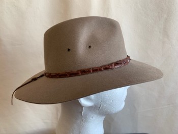 Mens, Cowboy Hat, AKUBRA, Dusty Brown, Fur, Solid, 59, 7 3/8, Felted Fur, Fedora Style, Brown Crocodile Hat Band