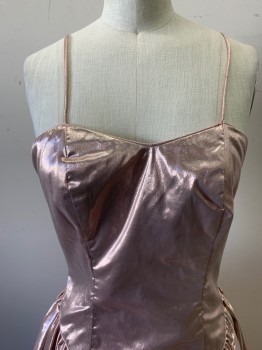 Womens, Evening Gown, N/L, Pink, Metallic/Metal, Solid, W 25, B 32, Spaghetti Strap, Slight V-neck, Drop V Shaped Waist, Gathered at Waist, Zip Back, Large Bow Attached at Center Back Waist, Bridesmaid, *Stained Front, Hole Front Skirt