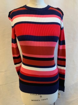 TRINA TURK, Bubble Gum Pink, Red, Navy Blue, White, Black, Cotton, Stripes, Long Sleeves, Crew Neck, Ribbed