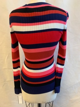 TRINA TURK, Bubble Gum Pink, Red, Navy Blue, White, Black, Cotton, Stripes, Long Sleeves, Crew Neck, Ribbed
