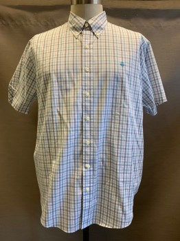 BROOKS BROTHERS, White, Blue, Navy Blue, Cotton, Plaid, S/S, Button Front, Collar Attached,