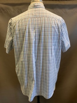 BROOKS BROTHERS, White, Blue, Navy Blue, Cotton, Plaid, S/S, Button Front, Collar Attached,