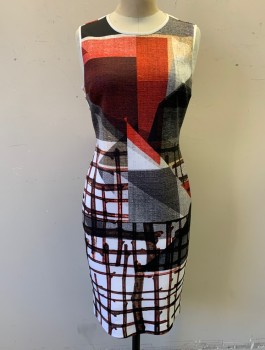 N/L, Multi-color, White, Red, Black, Brown, Polyester, Spandex, Abstract , Unusual Photo Realistic Print with Fabric Textures, Tree Branches, Etc, Round Neck, Fitted, Knee Length, Invisible Zipper in Back