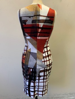 N/L, Multi-color, White, Red, Black, Brown, Polyester, Spandex, Abstract , Unusual Photo Realistic Print with Fabric Textures, Tree Branches, Etc, Round Neck, Fitted, Knee Length, Invisible Zipper in Back