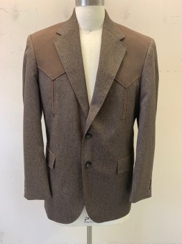 Mens, Sportcoat/Blazer, CIRCLE S , Brown, Polyester, Heathered, 40R, Western Style, Brown Solid Yoke & Trim, Notched Lapel, Single Breasted, Button Front, 2 Buttons, 2 Pockets