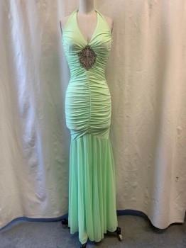 Womens, Evening Gown, CACHE, Mint Green, Polyester, 2, Halter, V-neck, Large Rhinestone Detail at Center, Ruched, Mermaid Shape, Tulle Bottom, Tie Back Side Straps