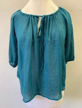 Womens, Historical Fiction Blouse, N/L, Teal Blue, Cotton, Solid, B36-38, M, Peasant Blouse, Sheer Gauze, Drawstring Scoop Neck with Keyhole at Center Front, 3/4 Sleeves with Elastic Cuffs, Historical Fantasy