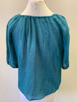 Womens, Historical Fiction Blouse, N/L, Teal Blue, Cotton, Solid, B36-38, M, Peasant Blouse, Sheer Gauze, Drawstring Scoop Neck with Keyhole at Center Front, 3/4 Sleeves with Elastic Cuffs, Historical Fantasy