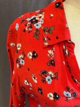 GERARD DAREL, Red, Viscose, Light Blue/Cream/ Black Floral, C.A., 3/4 Placket, Tiered  Skirt With Elastic Waist