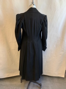 Womens, Coat 1890s-1910s, MTO, Black, Wool, Solid, W27, B34, C.A., Double Breasted, 8 Large Buttons Down Front, 2 Pockets, Pleated Shoulders, Folded Cuffs, *Tears All Around,