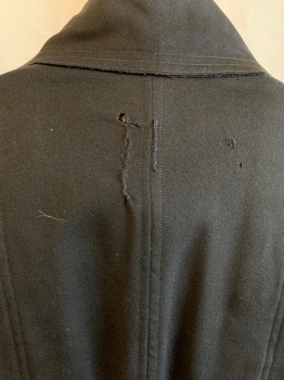 Womens, Coat 1890s-1910s, MTO, Black, Wool, Solid, W27, B34, C.A., Double Breasted, 8 Large Buttons Down Front, 2 Pockets, Pleated Shoulders, Folded Cuffs, *Tears All Around,