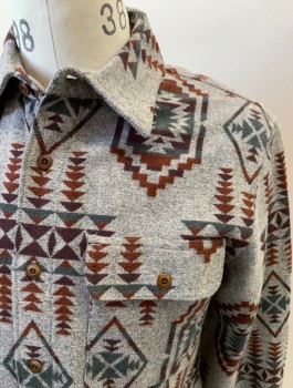 LUCKY BRAND, Heather Gray, Terracotta Brown, Dk Teal, Dk Purple, Cotton, Native American/Southwestern , L/S, B.F., Chest Pockets With Button Flaps, Locker Loop, Untucked Fit, Brown Plastic Buttons