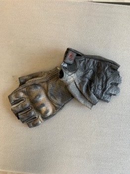Mens, Leather Gloves, Superbike, Black, Leather, Solid, L, Fingerless , Knuckled, Velcro Stripe, Dusty Aging