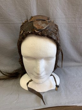 Unisex, Historical Fiction Headpiece, MTO, Chestnut Brown, Silver, Leather, Metallic/Metal, Solid, Large, Hand Stitched Leather Cap with Layered Metal Plates Down Front Bordered By Fer Pieces, Horse Hair Topknot Ponytail, Warrior, Barbarian,