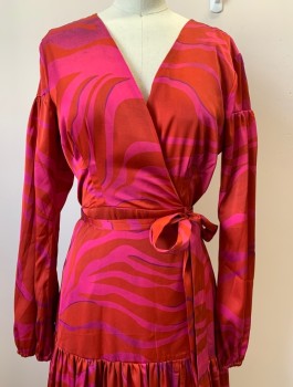 HUTCH, Red, Hot Pink, Polyester, Spandex, Swirl , L/S, V Neck, Wrap Around, Pleated
