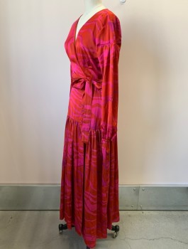 HUTCH, Red, Hot Pink, Polyester, Spandex, Swirl , L/S, V Neck, Wrap Around, Pleated