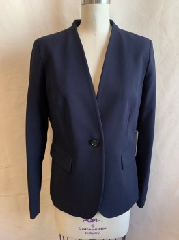 DKNY, Navy Blue, Polyester, Rayon, Solid, Shawl Lapel, 2 Pockets, Single Breasted, 1 Button, 1 Back Vent