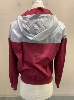 Mens, Jacket, NIKE, Maroon Red, Dove Gray, Synthetic, Color Blocking, M, Zip Front, 2 Pockets, Hood, Faded Logo On Chest, White Drawstring,