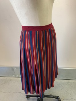 ANN TAYLOR, Maroon Red, Navy Blue, Mustard Yellow, Polyester, Stripes - Vertical , Chiffon, Pleated, Solid Maroon Waistband, Invisible Zipper at Side
