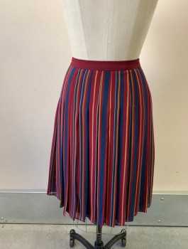 ANN TAYLOR, Maroon Red, Navy Blue, Mustard Yellow, Polyester, Stripes - Vertical , Chiffon, Pleated, Solid Maroon Waistband, Invisible Zipper at Side