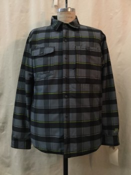 NIKE, Gray, Black, Lime Green, Synthetic, Plaid, Gray/ Black/ Lime Green Plaid,  Zip Front with Buttons, Collar Attached, Long Sleeves, 2 Pockets,