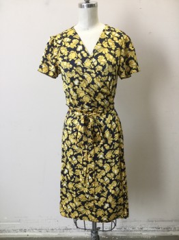 BANANA REPUBLIC, Navy Blue, Yellow, White, Polyester, Floral, Wrap Style, Short Sleeves, Cross Over V.neck, , Skirt Pleated to Waist