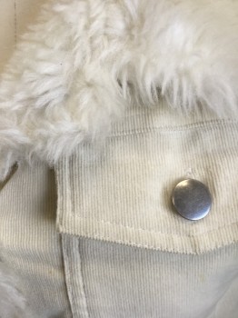 PASSPORT, Cream, White, Cotton, Spandex, Solid, Cream Corduroy, with White Plush Collar, Button Front, 2 Pockets