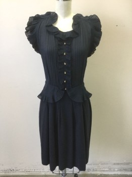 MARC JACOBS, Navy Blue, Cotton, Silk, Solid, Dark Navy (Nearly Black) Sheer Chiffon Top Half, Sleeveless, with Self Pleated Ruffles at Armholes, Scoop Neck, Button Placket and Peplum, 6 Gold Decorative Buttons at Center Front, Dropped Waist, Opaque Cotton Bottom Half, with Box Pleats