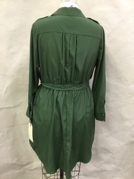 PURE ENERGY, Moss Green, Polyester, Solid, Shirtwaist, Button Front, Collar Attached, Epaulets, Long Sleeves with Button Cuffs and Sleeve Tabs, Elastic Waist, Belt Loops, Tie Belt