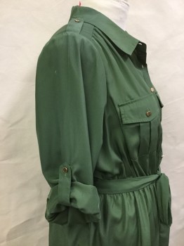 PURE ENERGY, Moss Green, Polyester, Solid, Shirtwaist, Button Front, Collar Attached, Epaulets, Long Sleeves with Button Cuffs and Sleeve Tabs, Elastic Waist, Belt Loops, Tie Belt